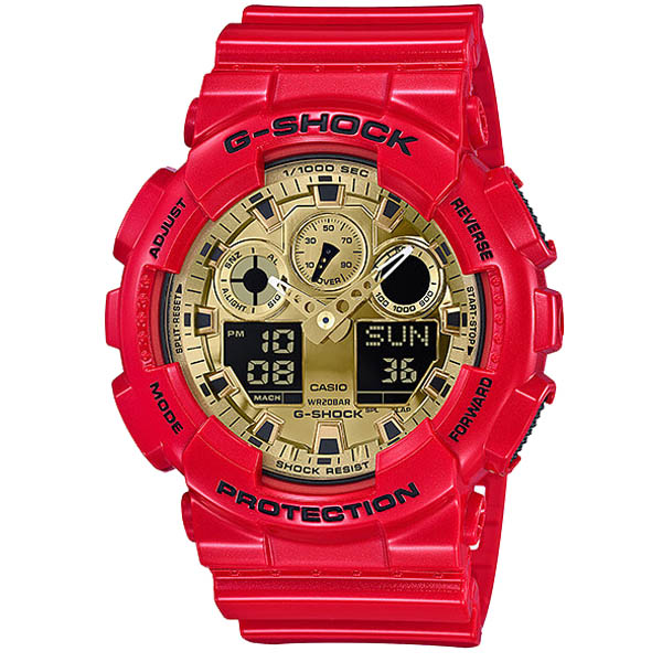 Đồng hồ nam Casio G shock GA-100VLA-4A Đồng hồ kim-số tiêu chuẩn, Dây đeo nhựa màu đỏ, tổng trọng lượng 72g