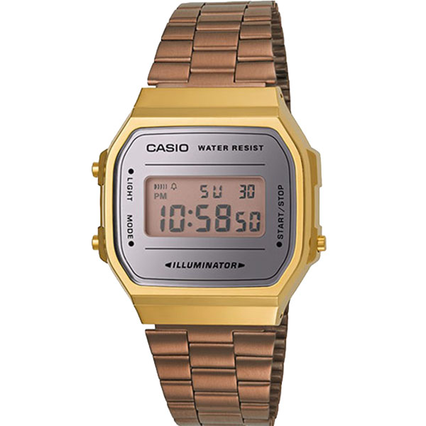 Đồng hồ Casio Illumination A168WECM-5DF dây đeo kim loại mạ vàng hồng; đường kính chỉ 38,6mm x 36,9mm; mặt đồng hồ vuông